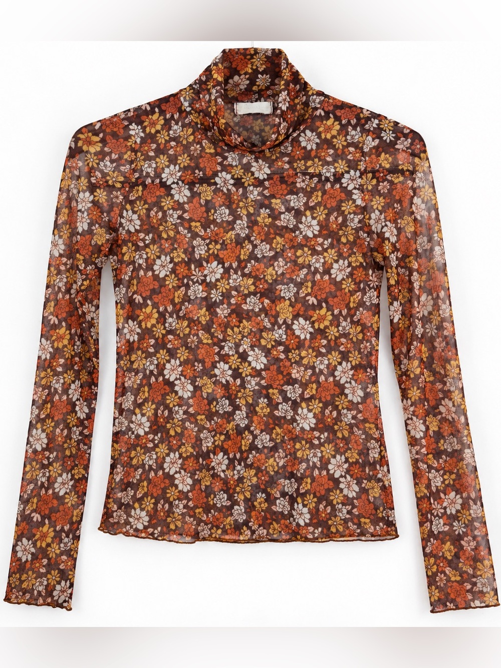 Altar’d State Brown Floral Sheer Mesh Mock Neck Top S 70s Boho